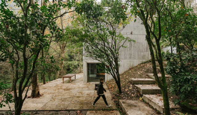 Casa en Caniçada. Vista del exterior donde se aprecia la vegetación que rodea la vivienda. Carvalho Araújo | Alumilux